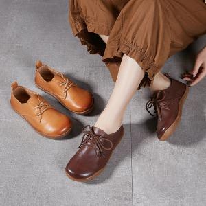 Tied Up Leather Round Toe Flat Loafers