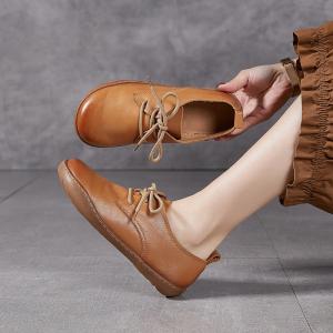Tied Up Leather Round Toe Flat Loafers