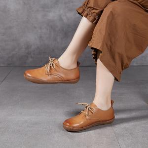 Tied Up Leather Round Toe Flat Loafers