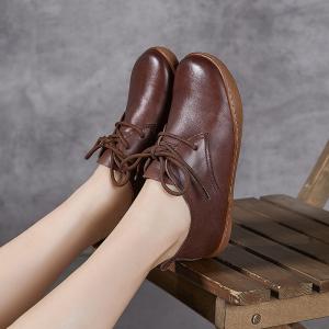 Tied Up Leather Round Toe Flat Loafers