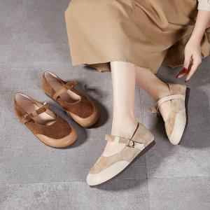 Sanded Cowhide Wide Toe Mary Jane Flats
