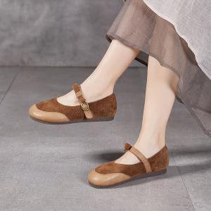 Sanded Cowhide Wide Toe Mary Jane Flats