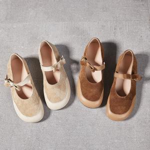 Sanded Cowhide Wide Toe Mary Jane Flats