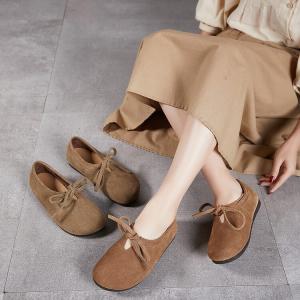 Lace Up Sanded Leather Comfort Flats