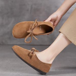 Lace Up Sanded Leather Comfort Flats