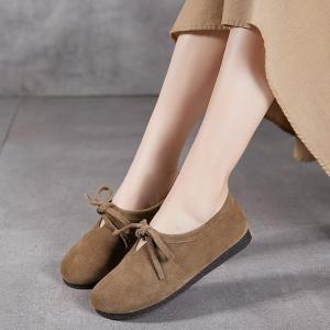 Lace Up Sanded Leather Comfort Flats