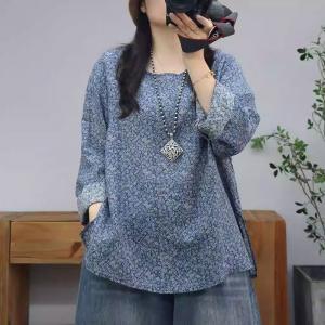 Long Sleeves Oversized Printed Ramie Blouse