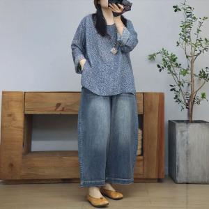 Long Sleeves Oversized Printed Ramie Blouse