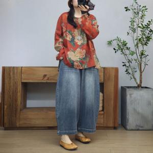 Long Sleeves Oversized Printed Ramie Blouse