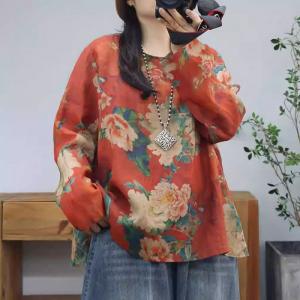 Long Sleeves Oversized Printed Ramie Blouse