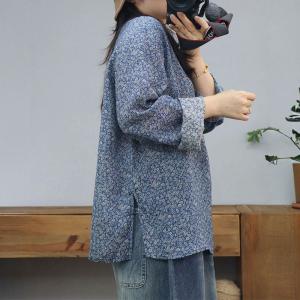 Long Sleeves Oversized Printed Ramie Blouse