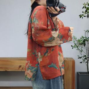 Long Sleeves Oversized Printed Ramie Blouse