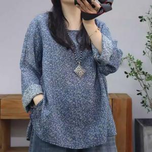 Long Sleeves Oversized Printed Ramie Blouse