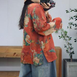 Long Sleeves Oversized Printed Ramie Blouse