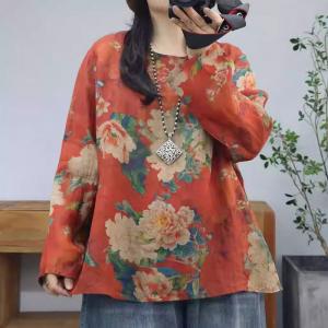 Long Sleeves Oversized Printed Ramie Blouse