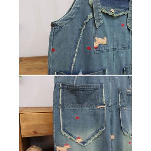 Lovely Dog Embroidery Fringed 90s Overalls