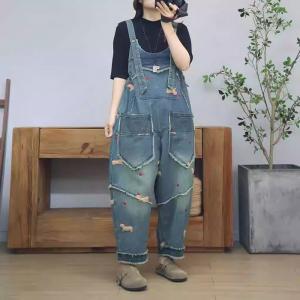 Lovely Dog Embroidery Fringed 90s Overalls