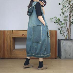 Twp Front Pockets Hooded Embroidered Jean Sundress