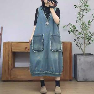 Twp Front Pockets Hooded Embroidered Jean Sundress