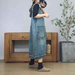 Twp Front Pockets Hooded Embroidered Jean Sundress