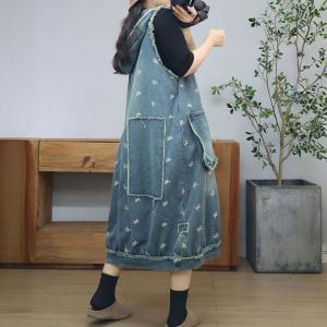 Twp Front Pockets Hooded Embroidered Jean Sundress