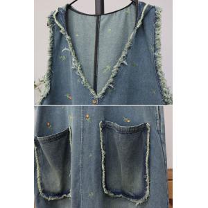 Twp Front Pockets Hooded Embroidered Jean Sundress