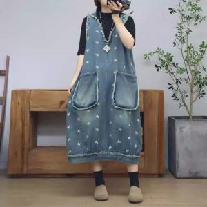Twp Front Pockets Hooded Embroidered Jean Sundress