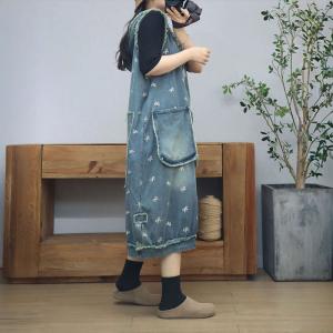 Twp Front Pockets Hooded Embroidered Jean Sundress