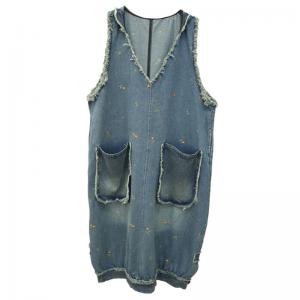 Twp Front Pockets Hooded Embroidered Jean Sundress