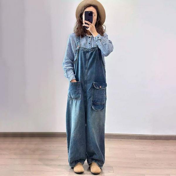 Pockets Ornament Soft Denim Designer Jean Overalls