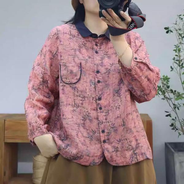 Long Sleeves Polo Neck Floral Ramie Blouse