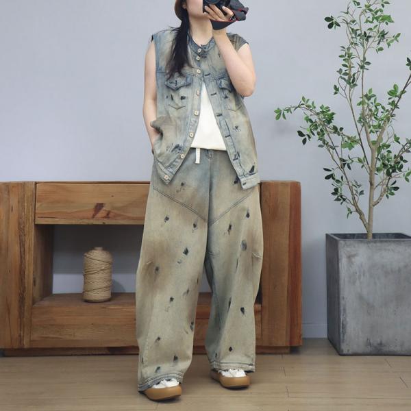 Dirty Wash Vest Jacket with Long Boyfriend Jeans