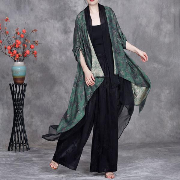 Dark Green Printed Flowing Waterfall Cardigan