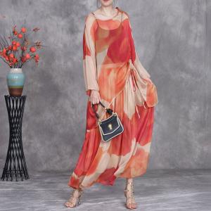 Resort Chic Lace Up Red Tunic with Printed Silk Skirt