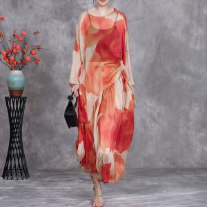 Resort Chic Lace Up Red Tunic with Printed Silk Skirt