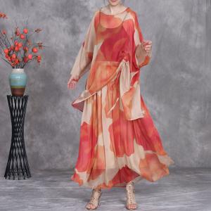 Resort Chic Lace Up Red Tunic with Printed Silk Skirt