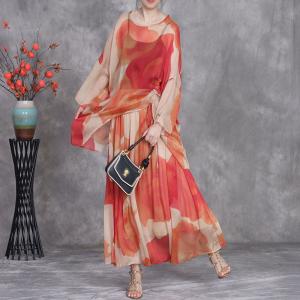 Resort Chic Lace Up Red Tunic with Printed Silk Skirt