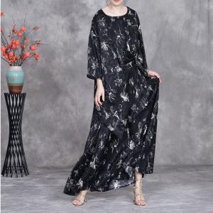 White Flowers Long Tunic Blouse with Black Balloon Skirt