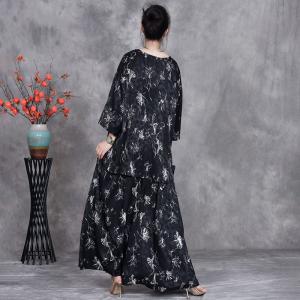 White Flowers Long Tunic Blouse with Black Balloon Skirt
