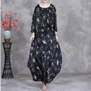 White Flowers Long Tunic Blouse with Black Balloon Skirt