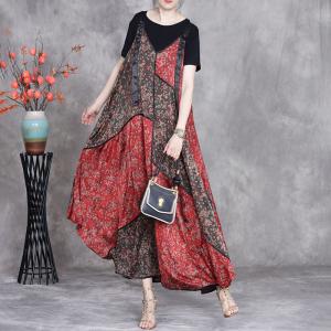 Summer Beach Red Floral Maxi Overall Dress