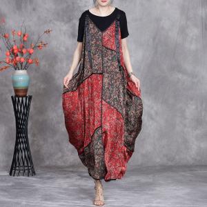 Summer Beach Red Floral Maxi Overall Dress