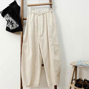 Cotton Linen High Rise Pleated Straight Leg Pants