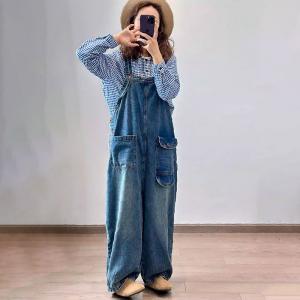 Pockets Ornament Soft Denim Designer Jean Overalls