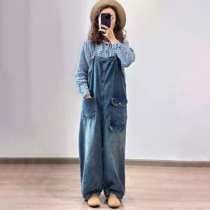 Pockets Ornament Soft Denim Designer Jean Overalls