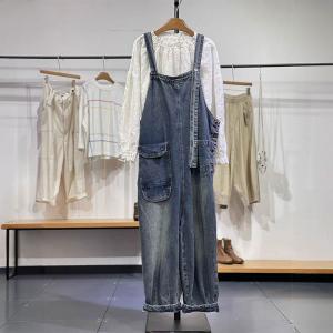 Pockets Ornament Soft Denim Designer Jean Overalls
