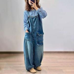 Pockets Ornament Soft Denim Designer Jean Overalls