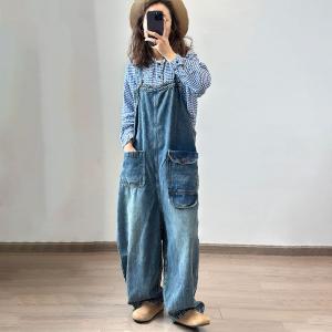 Pockets Ornament Soft Denim Designer Jean Overalls