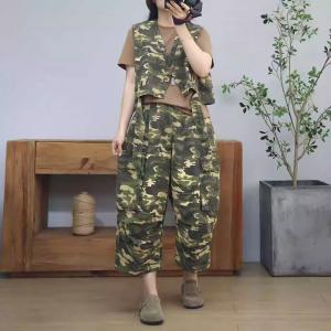 90s Fashion Short Vest Jacket with Camo Pants