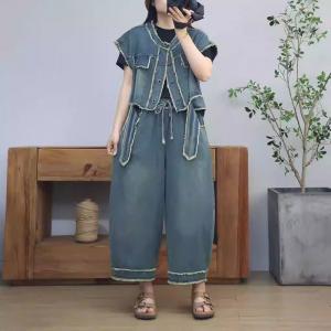 Raw Hem Fringed Short Jacket with High Rise Dad Jeans